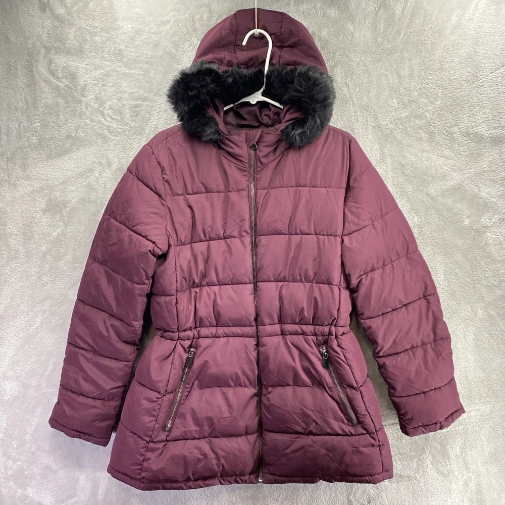 GAP Dark Red Down Puffer Jacket Women's L Faux Fur Hood